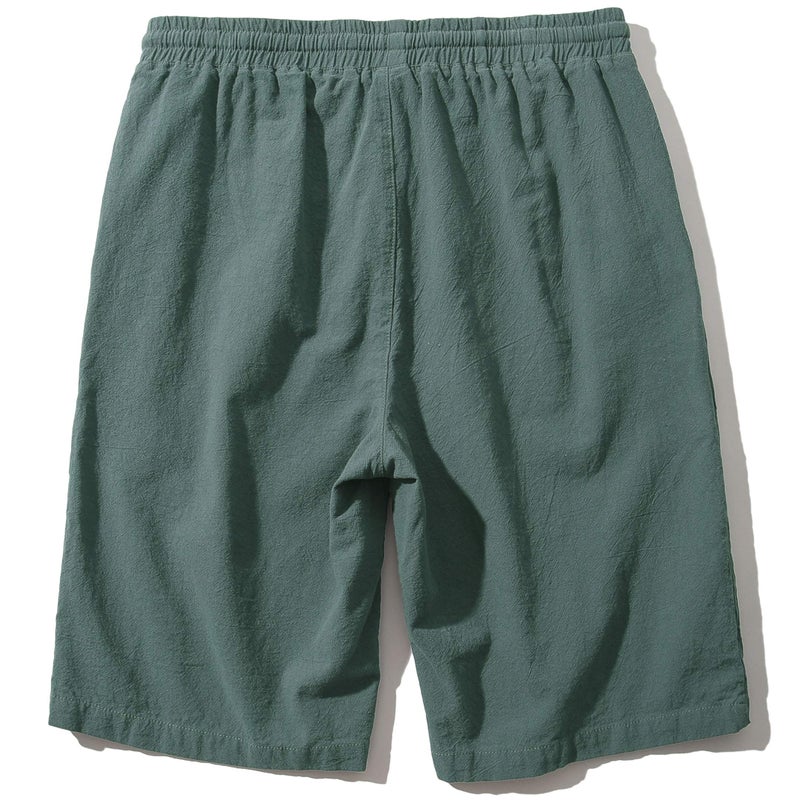 SIR7 Men's Linen Casual Classic Fit 11 Inch Inseam Elastic Waist Shorts with Drawstring Army Green Medium - Image 2